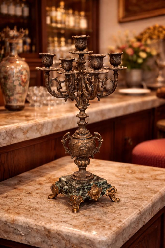 Antiek brons - marmer kandelaar / beeld, Antiek en Kunst, Antiek | Koper en Brons, Ophalen