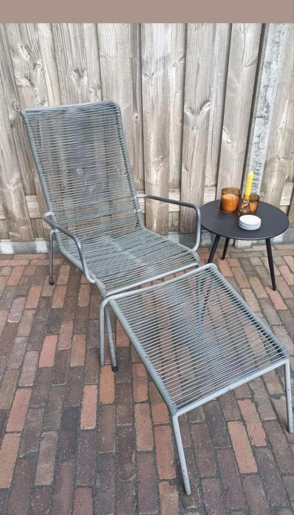 Groene draadstoel met voetenbankje - comfortabel buiten, Tuin en Terras, Ophalen, Gebruikt, Metaal