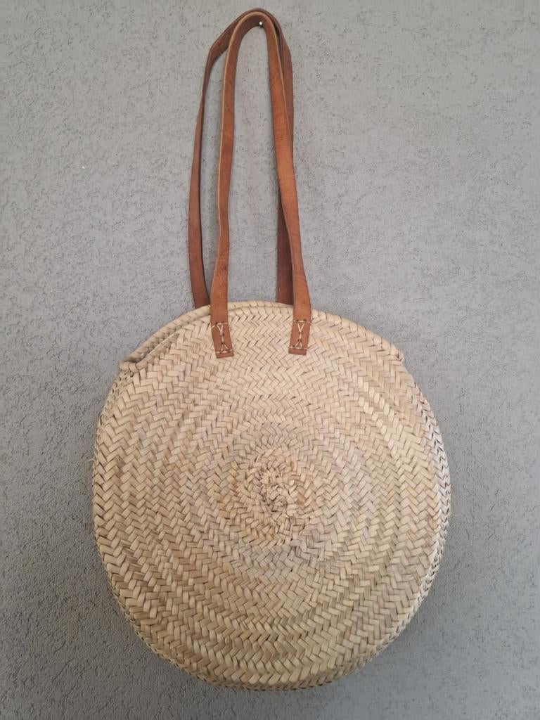 Ronde rieten tas met lederen hengsels  ø 40cm, Ophalen, Handtas