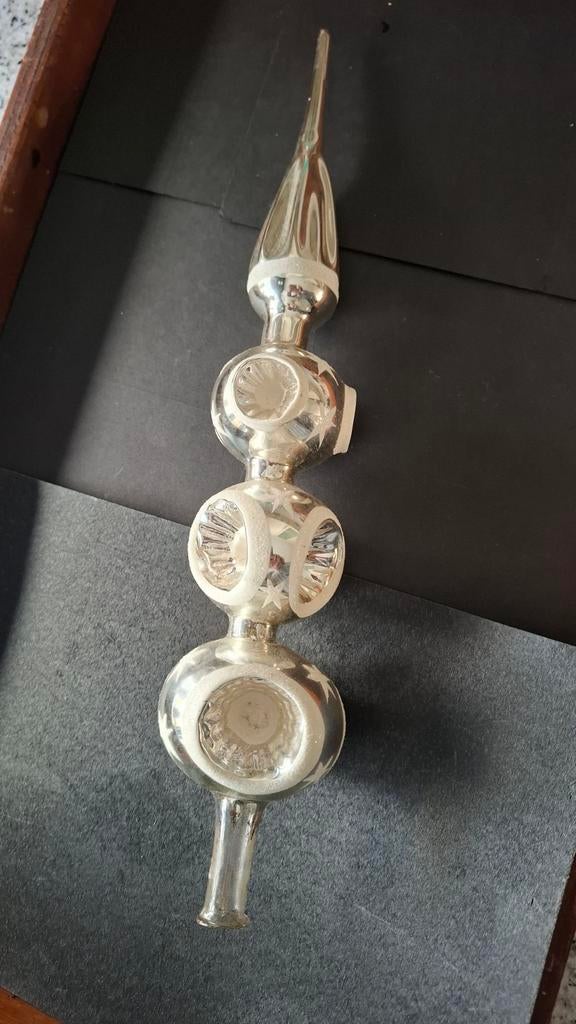 Grote antieke zilveren glazen kerstboompiek 3 deukballen, Diversen, Kerst, Ophalen of Verzenden, Gebruikt