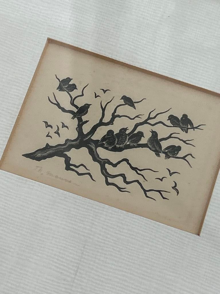 Houtgravure van vogels in een boom, gesigneerd Th. Mauve, Ophalen of Verzenden, Houtsnede, 1900 - 1949, Flora en Fauna