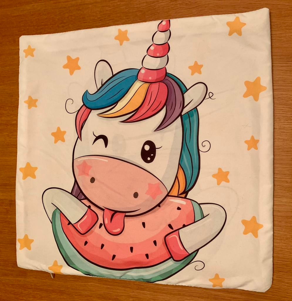 TE KOOP: eenhoorn kussensloop 42x42cm ZGAN, Ophalen of Verzenden, Zo goed als nieuw, Kleed of Kussen