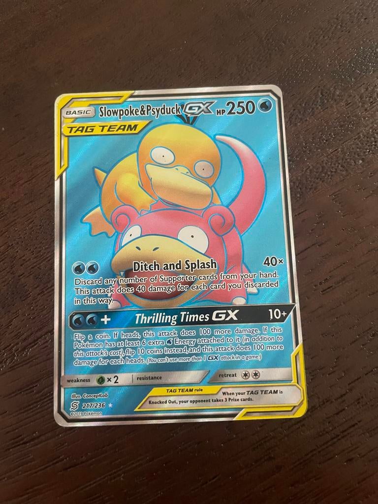 Slowpoke & Psyduck GX Pokémon Kaart - TAG TEAM, Ophalen of Verzenden, Zo goed als nieuw, Losse kaart, Foil