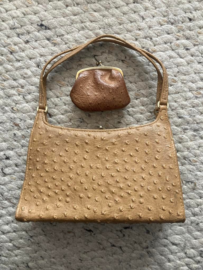 Vintage My Lady Handtas met Portemonnee - Struisvogel Reliëf, Ophalen of Verzenden, Gebruikt, Bruin, Handtas