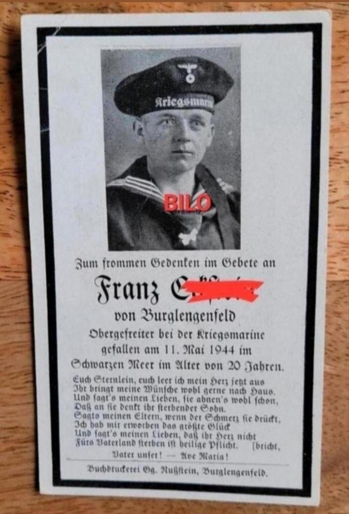 Sterbebild WO2 Duits Kriegsmarine WK2 Zwarte Zee 1944 U-Boot, Ophalen of Verzenden, Bidprentje