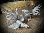 Kemphanen set 2x Haan dier vogel zilver metaal Beeldje, Ophalen of Verzenden