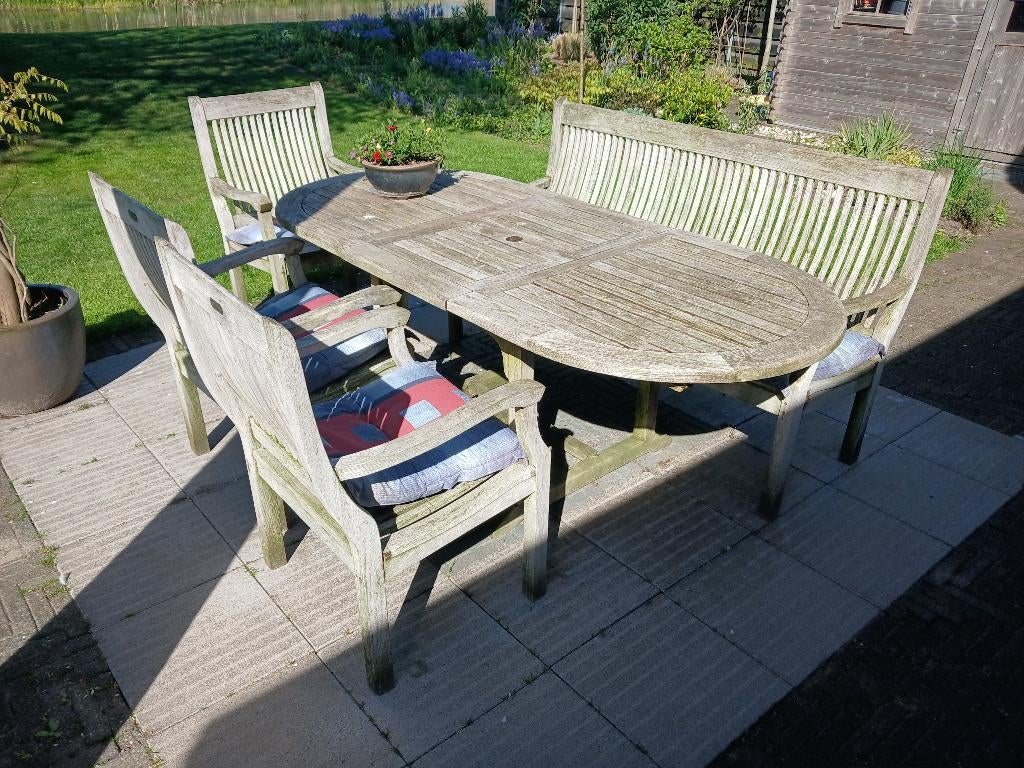 teakhouten tuintafel set, Ophalen, Gebruikt, Rechthoekig, Teakhout