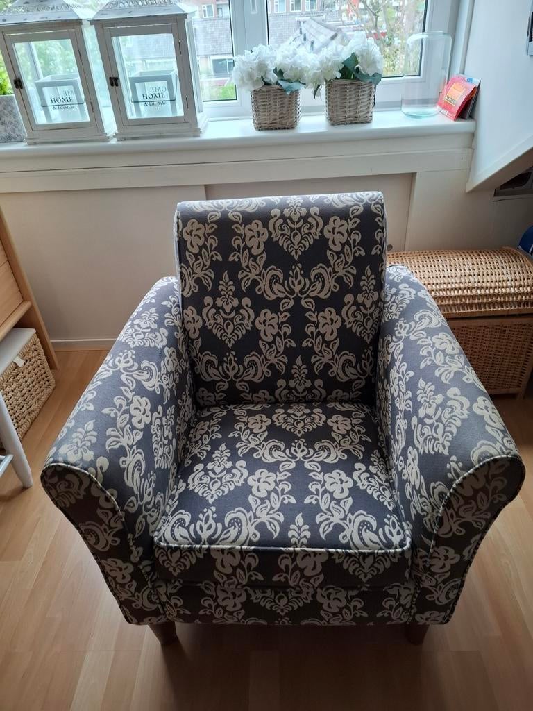 Antraciet gebloemde fauteuil - Leuk om te bekleden!, Ophalen, Klassiek, Bloemmotief, Gebruikt, 75 tot 100 cm