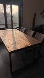 Robuust houten tafel stalen frame + 3 stoelen ProfijtMeubel, Ophalen, 200 cm of meer, 50 tot 100 cm, Zo goed als nieuw
