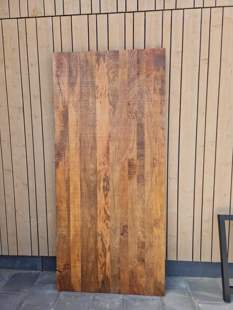 Mangohouten tafelblad met metalen onderstel, Gebruikt, 100 tot 150 cm, Modern, Industrieel, Robuust, 200 cm of meer