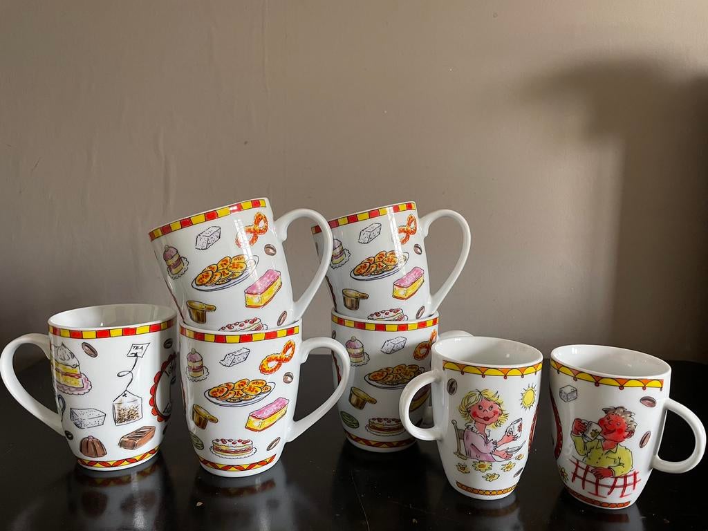 7 mokken merk THEO lekker bakkie+ha koffie met gebak decor, Ophalen of Verzenden, Zo goed als nieuw, Overige stijlen, Kop(pen) en/of Schotel(s)