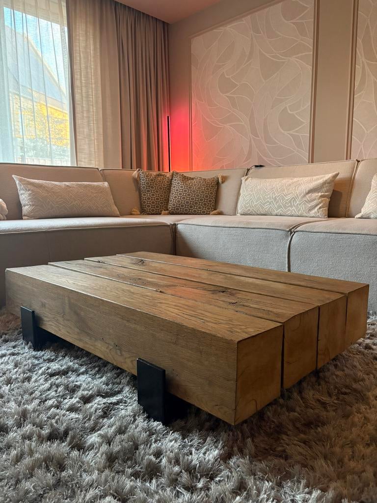 Robuuste massief eikenhouten salontafel balken, Huis en Inrichting, Tafels | Salontafels, Ophalen, Gebruikt, 100 tot 150 cm, Eikenhout