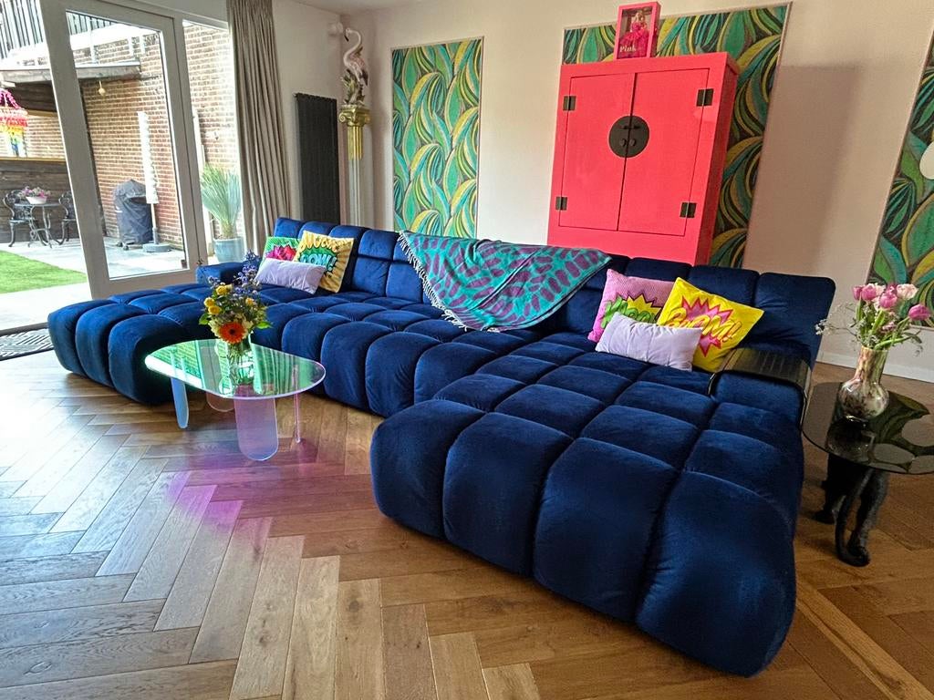 Zitmaxx trentino bank in velours blauw, Huis en Inrichting, Banken | Bankstellen, Ophalen, 125 tot 150 cm, Hoekbank, 300 cm of meer