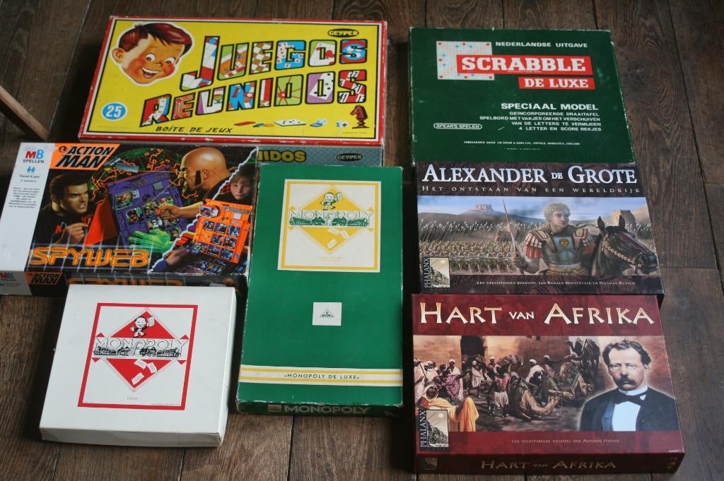 7 spellen scrabble, monopoly, 999 games: hart van afrika,..., Hobby en Vrije tijd, Ophalen of Verzenden, Zo goed als nieuw