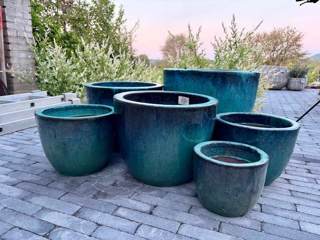 Potterie! bloempotten, 6st., kleur JADE, Tuin en Terras, Bloembakken en Plantenbakken, Steen, Rond, Ophalen of Verzenden, Zo goed als nieuw