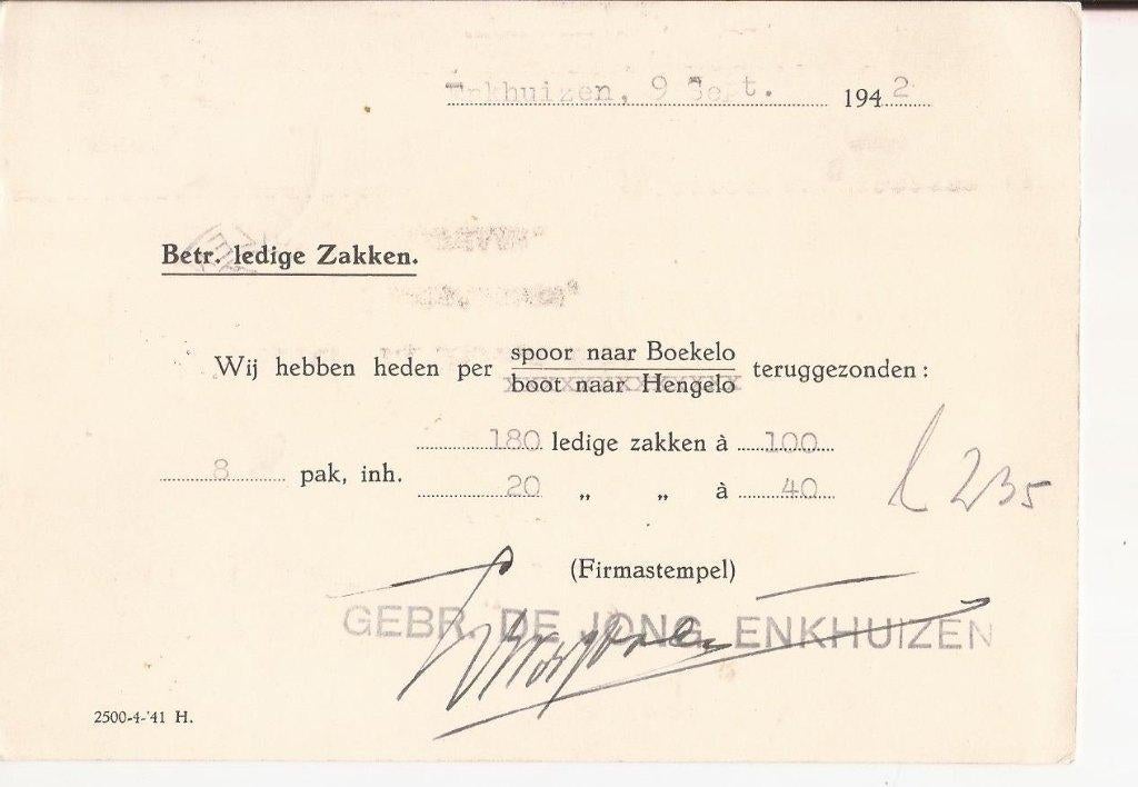 ENKHUIZEN 1942 afz Gebr De JONG verzendt 200 lege zoutzakken, Verzenden, Voor 1920, Noord-Holland