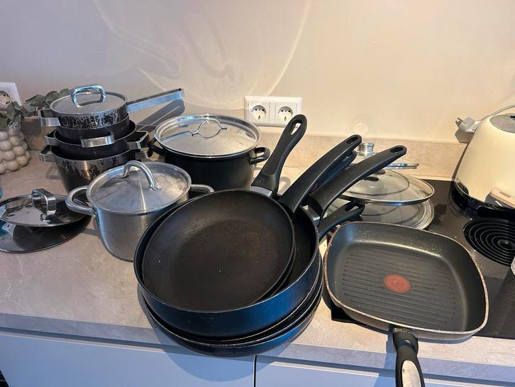 Complete Pannenset BK & Tefal -, Huis en Inrichting, Keuken | Potten en Pannen, Gebruikt, Pannenset, Rvs, Inductieplaat, Ophalen of Verzenden