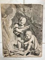 Oude gravure kinderen en kat bij vuur, Holstein, Talon, 1650, Ophalen of Verzenden