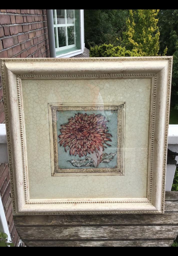 Vrij groot schilderij, prent van bol chrysant 51 x 51, beige, Ophalen, Zo goed als nieuw