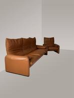 Cassina Maralunga 3-zitsbank + fauteuil - Cognac leer, Ophalen of Verzenden, Zo goed als nieuw, Rechte bank, Vierpersoons of meer