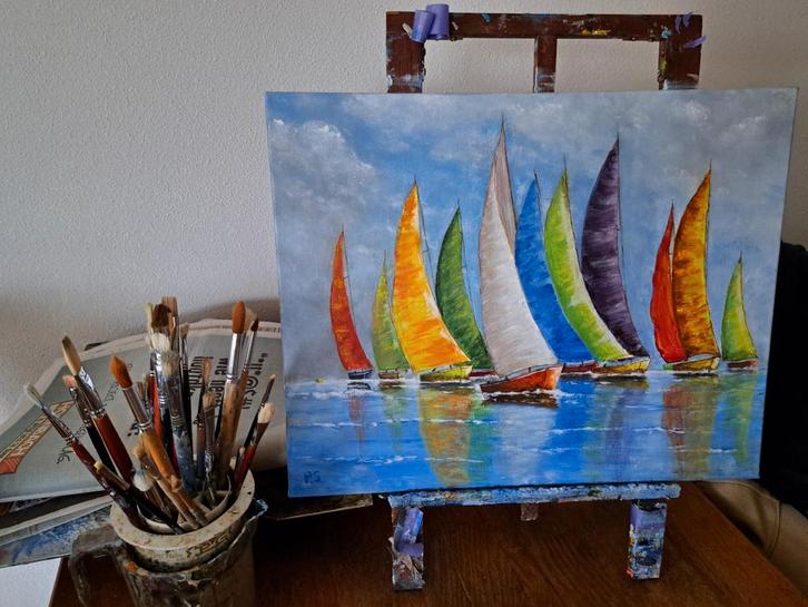 Kleurrijk schilderij van zeilboten, Antiek en Kunst, Kunst | Schilderijen | Klassiek, Ophalen