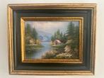 Klassiek Landschap Schilderij met Lijst - Rivier en Huisje, Antiek en Kunst, Kunst | Schilderijen | Klassiek, Ophalen of Verzenden