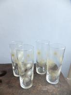 4 vintage longdrink glazen 50s pastelgeel bloemmotief vaasje, Ophalen