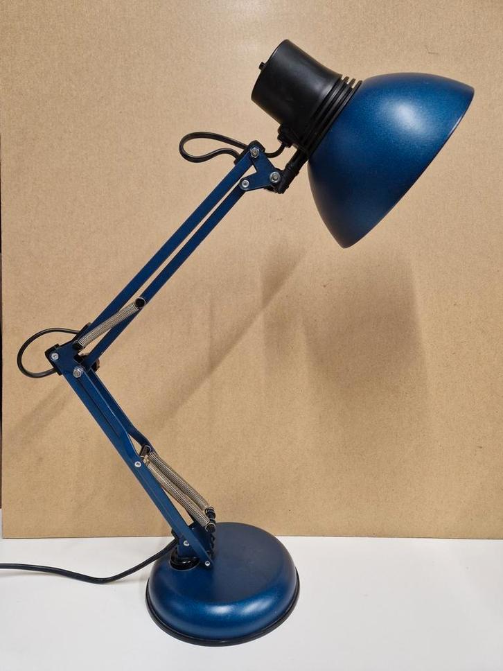 Vintage Happylight knikarm bureaulamp metallic blauw, Huis en Inrichting, Lampen | Tafellampen, Gebruikt, Minder dan 50 cm, Metaal