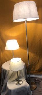 Vloerlamp en 2 tafellampen chroom met linnen kap, Huis en Inrichting, Lampen | Vloerlampen, Zo goed als nieuw, Ophalen
