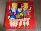 Canvas origineel kleurrijk acryl schilderij 3 dames 50x50, Ophalen of Verzenden