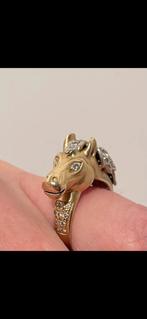 Unieke 14K paard Gouden Ring met Diamanten, Sieraden, Tassen en Uiterlijk, Ringen, Ophalen of Verzenden, Zo goed als nieuw, 17 tot 18