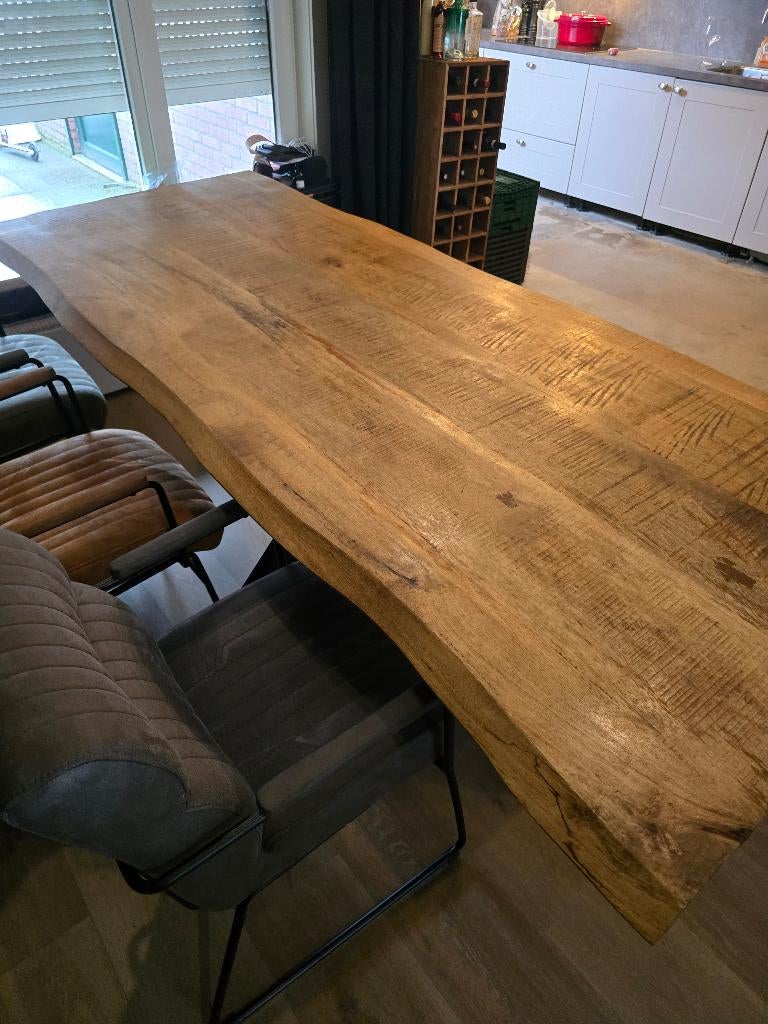 Mangohouten eettafel 240 cm met X-poot + 6 stoelen (set), Ophalen, Zo goed als nieuw, Mangohout, 4 tot 6 stoelen