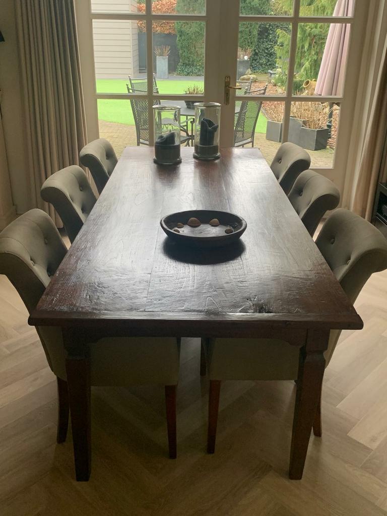 Houten Eettafel  met stoelen voor 6-8 Personen, Ophalen, 100 tot 150 cm, 200 cm of meer, Landelijk