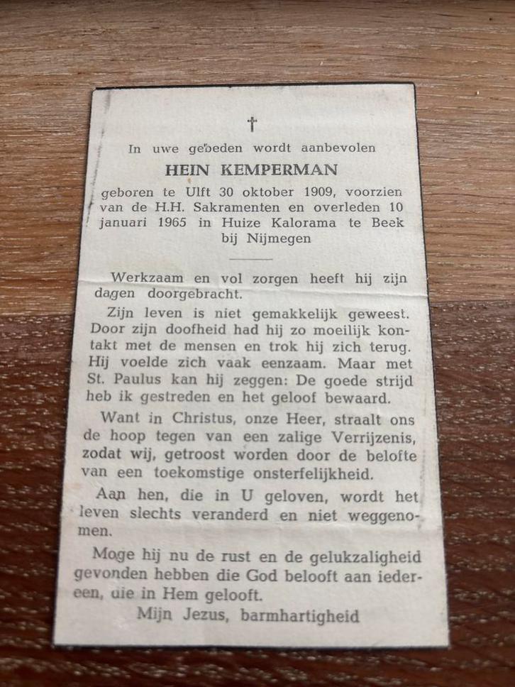 Kemperman Hein 1909 Ulft 1965 Beek Nijmegen, Verzamelen, Bidprentjes en Rouwkaarten, Bidprentje, Ophalen of Verzenden
