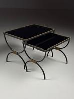 Vintage Nesting Tables zwart glas, Huis en Inrichting, Tafels | Bijzettafels, Minder dan 55 cm, Gebruikt, Rond, Glas