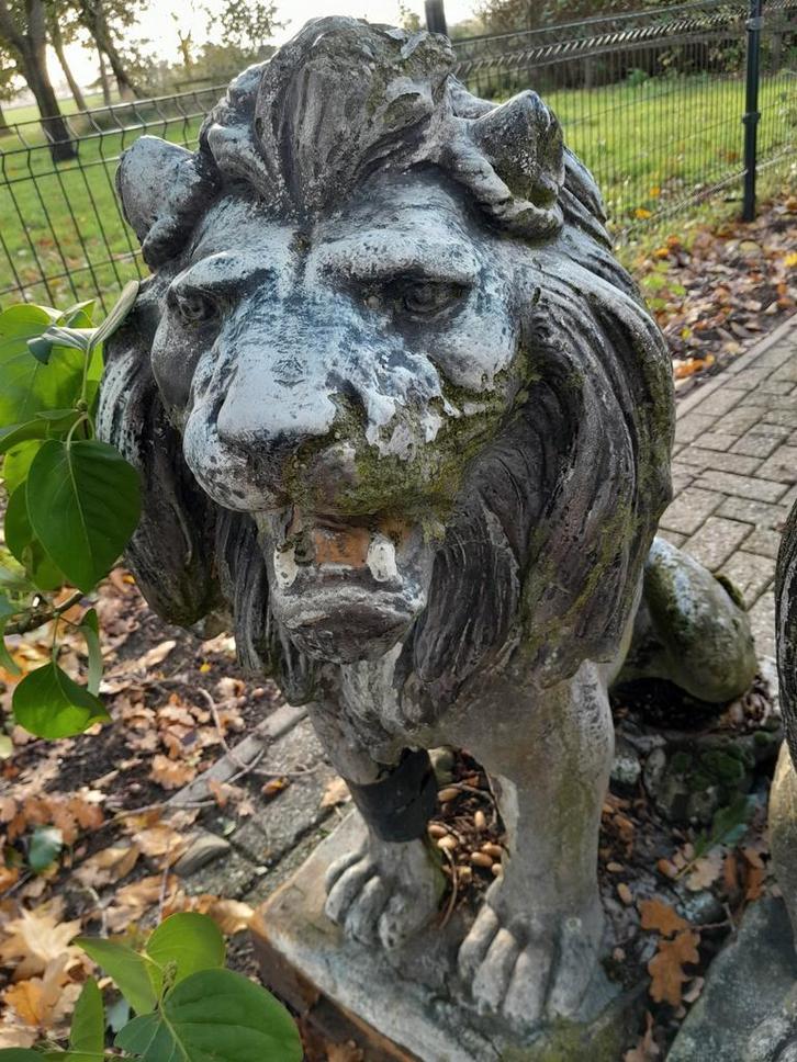 Twee stenen leeuwen beelden, Tuin en Terras, Tuinbeelden, Gebruikt, Ophalen