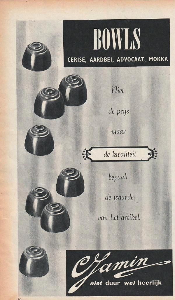 Retro reclame 1963 Jamin chocolade bonbons bowls, Verzamelen, Retro, Overige typen, Verzenden