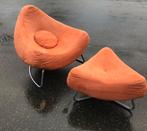 Vintage design fauteuil “Chili” met hocker, oranje alcantara, Ophalen, Gebruikt, Stof, 75 tot 100 cm