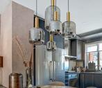 Hanglamp 5 glazen in smoke glas uitvoering met goud, Ophalen, Zo goed als nieuw, Glas, Minder dan 50 cm