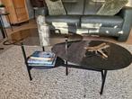 Salontafel, zgan, glas, zwart gemarmerd en stalen poten, Huis en Inrichting, Tafels | Salontafels, Ophalen, 100 tot 150 cm, 50 tot 100 cm
