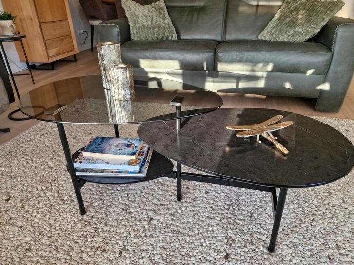Salontafel, zgan, glas, zwart gemarmerd en stalen poten, Huis en Inrichting, Tafels | Salontafels, Zo goed als nieuw, Minder dan 50 cm