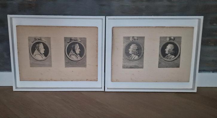 Antieke prenten in lijst, Huis en Inrichting, Woonaccessoires | Schilderijen, Tekeningen en Foto's, Gebruikt, Overige typen, Minder dan 50 cm