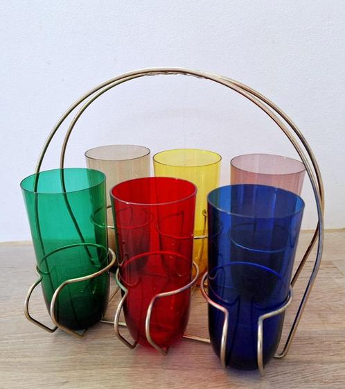Vintage Longdrink glazen in een rekje, Verzamelen, Glas en Borrelglaasjes, Gebruikt, Overige typen, Ophalen of Verzenden