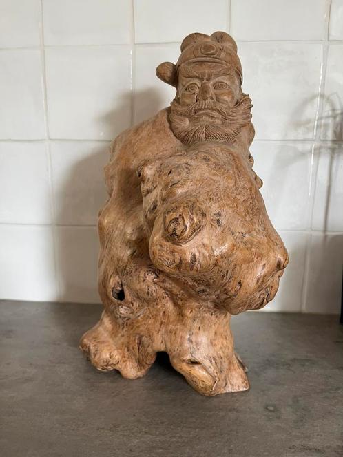 Prachtig oud Japans houtsnijwerk stronk beeld krijger, Antiek en Kunst, Kunst | Beelden en Houtsnijwerken, Ophalen of Verzenden