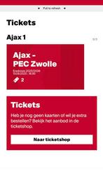 2 kaartjes Ajax - PEC Zwolle te koop! Vak 411 rij 5, Tickets en Kaartjes, Twee personen, November