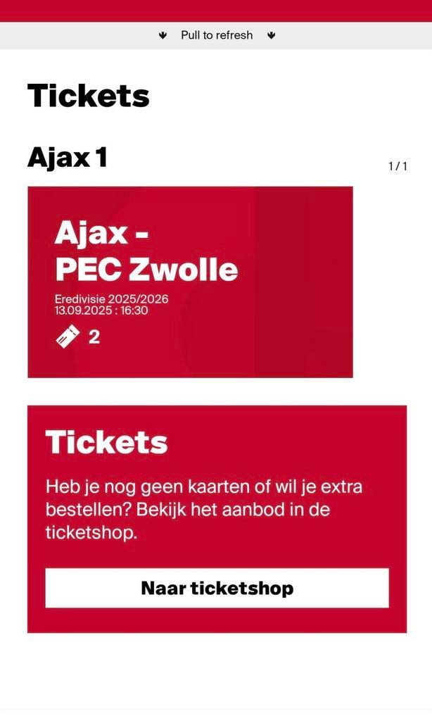 2 kaartjes Ajax - PEC Zwolle te koop! Vak 411 rij 5, Tickets en Kaartjes, Sport | Voetbal, Twee personen, November