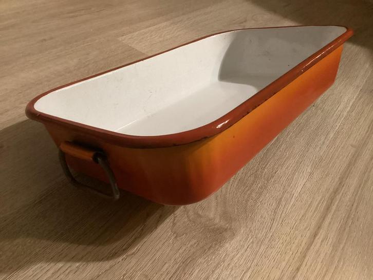 Vintage rood-oranje emaille BLEU BAND braadslee, ovenschaal, Antiek en Kunst, Antiek | Emaille, Ophalen of Verzenden