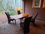 Uitschuifbare houten eettafel met 4 lederen stoelen, Huis en Inrichting, Tafels | Eettafels, Ophalen, Gebruikt, 50 tot 100 cm