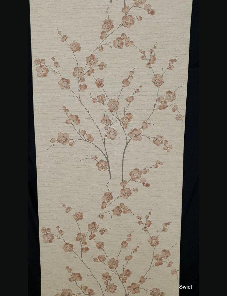 13998 behang bloemtakken jute seventies linnenlook 70s swiet, Ophalen of Verzenden, 75 m² of meer, Beige