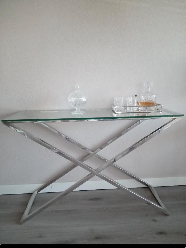 Design glazen sidetable, Huis en Inrichting, Tafels | Sidetables, Zo goed als nieuw, 25 tot 50 cm, 100 tot 150 cm, Rechthoekig